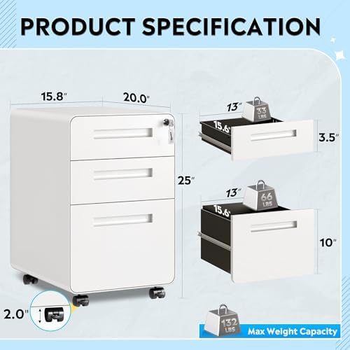 DEVAISE 3 Drawer File Cabinet with Lock, Fully Assembled Filing Cabinet - Image 3
