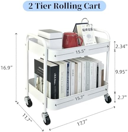2 Tier Short Rolling Cart with Wheels for Under Desk Storage & Pantry Storage, Large Capacity Metal Kitchen Utility Cart for Small Space, Laundry Room Organizer Side Table with 4 Hooks, White - Image 6