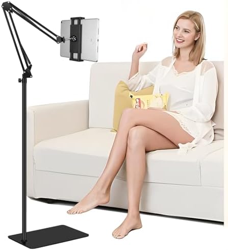 Tablet Floor Stand with 6LB Weight, Overhead Bed phone Stand Angle Height Adjustable Arm Stretchable Stand Holder, Compatible with iPhone iPad Mini Air Pro, Galaxy Tab, Kindle, E-Readers,all Phones by SAMHOUSING