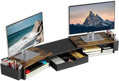 Wood Dual Monitor Stand Riser with Drawer and 2 Pen Holders by Spacrea