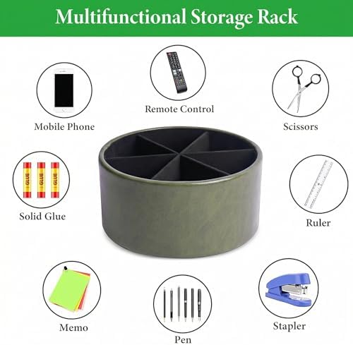Remote Control Holder, 360°Spinning PU Leather Desk TV Remote Caddy,Desk Storage Box Room Accessories for Controller, Media,Mail,Calculator, Mobile Phone,Pencil(1-Oil Green) - Image 5