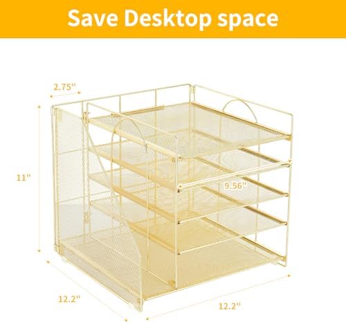 Desk Organizers and Accessories, 5-Tier Paper Letter Tray Organizer with File Holder, Desktop Organizer for Office Supplies (Gold) - Image 4