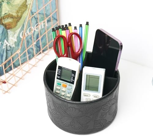 Round Leather Art Supply Organizer,Remote Control Holder,360 Degree Spinning,Multi-Functional Pencil Holder,4 Compartments Desktop Stationary Organizer(1-Carved Black) - Image 6