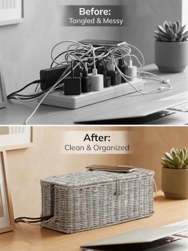 Cable Management Box, Cord Organizer with Lid & Cable Ties - Gray, L - Image 5