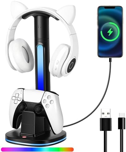 PS5 Controller Charging Dock with RGB Headphone Stand | 2-in-1 Dual USB Fast Charging Station for PS5 Controllers | RGB LED Gaming Headset Stand & Multi-Functional Gaming Accessories by Unknown