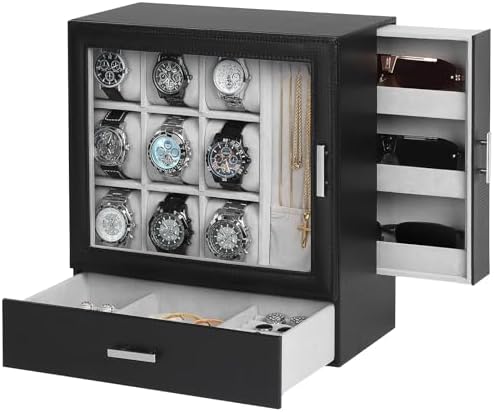 9-Slot Watch Box for Men, Standing Jewelry Display Case with Window by KUKIKAN