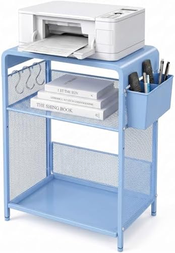 Small 3 Tier Printer Stand for Under Desk, Height Adjustable Shelf Printer Table with 3 S-Hooks & Basket, Heavy Duty Industrial Storage Shelf for Home Office (Blue) by ECOLOVI