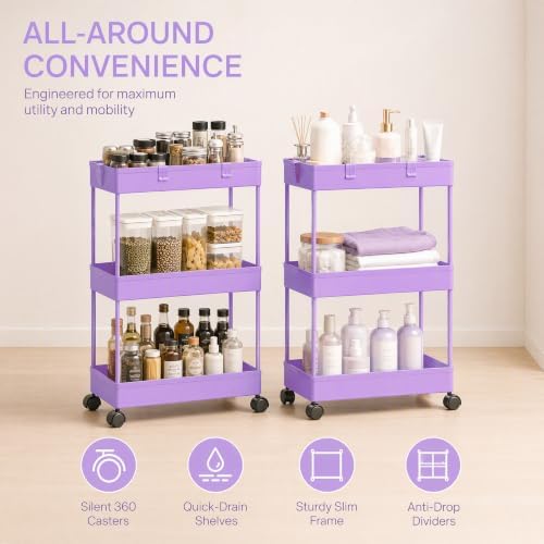 Slim Storage Cart 3 Tier,Bathroom Organizer Rolling Utility,Mobile Shelving Unit Slide Out for Office, Kitchen, Laundry Room & Narrow Places,Purple - Image 6