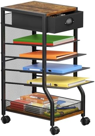 6-Tier Rolling File Cart with Drawer, Under Desk Storage with Paper Letter Sliding Trays, Standing File Organizer with Wheels, Slim Workspace Organizers for Office/Home/School/Study by keomaisyto