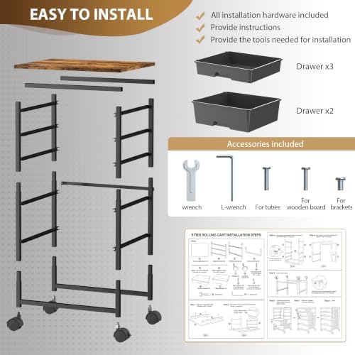 Rolling Cart with 5 Drawers for Craft, Art, Dorm, Office, Black - Image 6