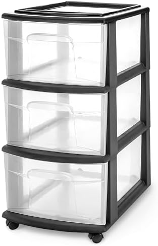 Homz 3 Drawer Plastic Storage Cart Organizer, Clear Drawers, Black Frame by Homz