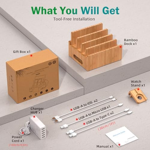 Bamboo Charging Station with USB Charger,5Cables-Natural - Image 4