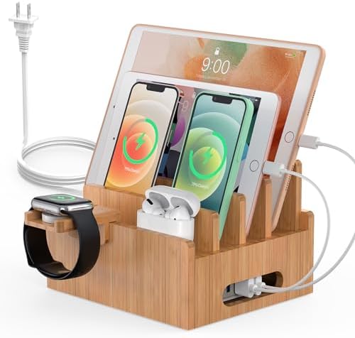 Bamboo Charging Station with USB Charger,5Cables-Natural by PezinHulin