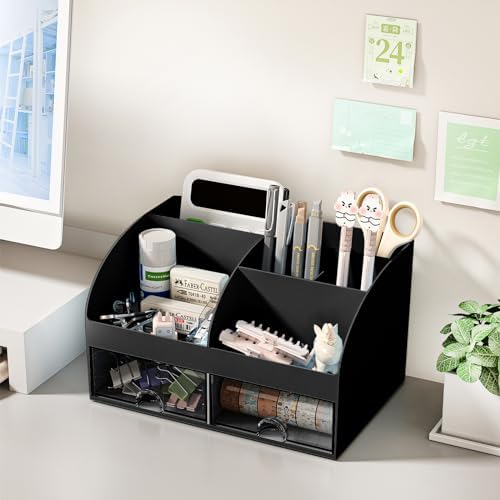 COMFYROOM Desk Organizer with 6 Compartments and 2 Drawers, Plastic Makeup Organizer, Pen Holder for Desktop Storage, Desk Organization for School, Home, Office Supplies Black-2Pack - Image 3