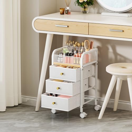Rolling Makeup Organizer Cart - Under Desk Vanity Makeup Storage with 3 Non-woven Drawers, Nail Cart Organizer Cosmetic Display Cases Cabinet for Skin Care Perfume Nail Polish Brush Hair Tool - Image 5
