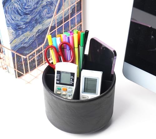 Round Leather Art Supply Organizer,Remote Control Holder,360 Degree Spinning,Multi-Functional Pencil Holder,4 Compartments Desktop Stationary Organizer(1-Crazy Black) - Image 6
