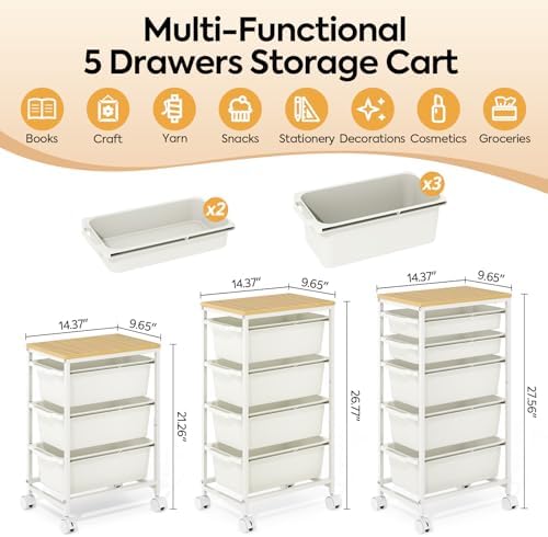 Slim Rolling Cart with 5 Drawers, Metal Utility Storage Cart - Image 2