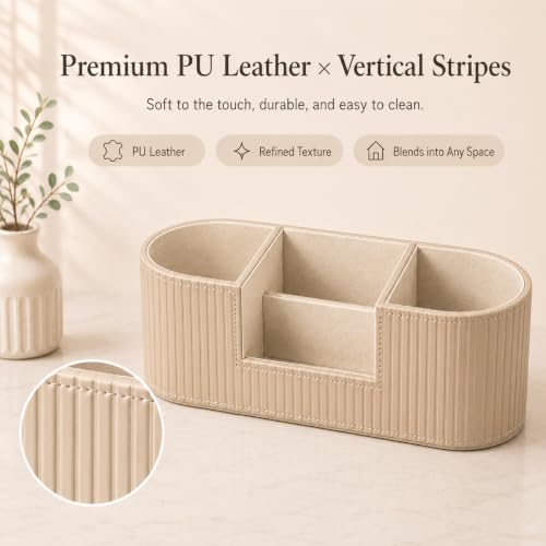 Aesthetic Desk Organizer for Women, Luxury Faux Leather Desk Accessories with 4 Compartments, Minimalist Vanity Organizer for Makeup Brushes, Beige Office Decor for Home, Bedroom & Workspace - Image 5