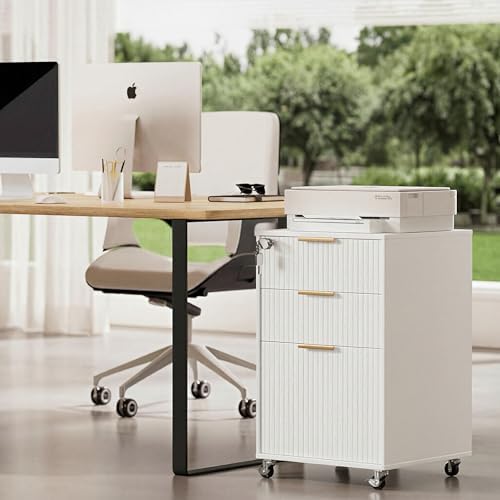 3 Drawers Fluted Mobile File Cabinet with Lock, Rolling File Cabinet Printer Stand Table, Under Desk Wooden Filing Cabinets for Home Office Essentials Storage Organization Furniture Letters/A4(White) - Image 7