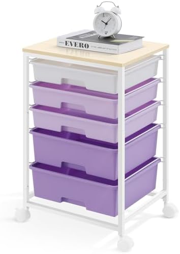 Utility Cart with 5 Drawers with Wooden Top,Purple by SYKIARIOL