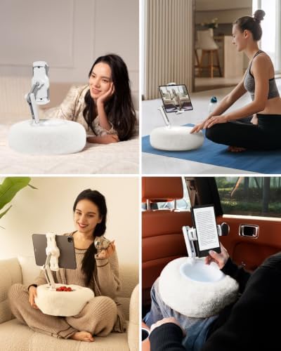 Viozon Tablet Stand Pillow, Compatible with 4.7"-13" Phone/Tablet, iPad, iPhone, Samsung, Google, Kindle, 360°Adjustable Phone Holder for Bed with Soft Plush Fabric, and Detachable Bowl, White - Image 2