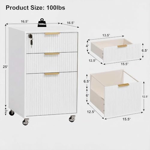 3 Drawers Fluted Mobile File Cabinet with Lock, Rolling File Cabinet Printer Stand Table, Under Desk Wooden Filing Cabinets for Home Office Essentials Storage Organization Furniture Letters/A4(White) - Image 2