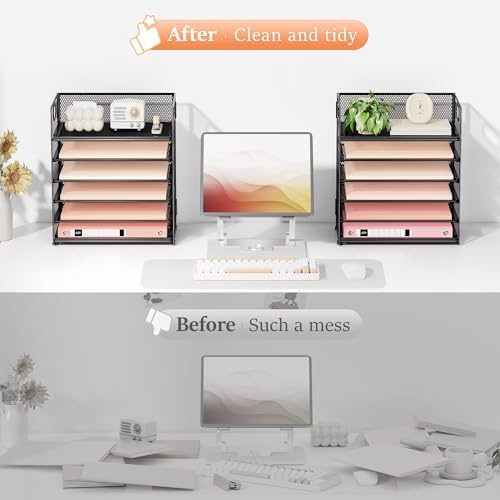 2-Pack 6-Tier Paper Tray Organizer for Desk - Black Mesh File Folder Sorter with Handles, Desk Letter Holder for Office, Home, School Supplies Storage & Organization - Image 2