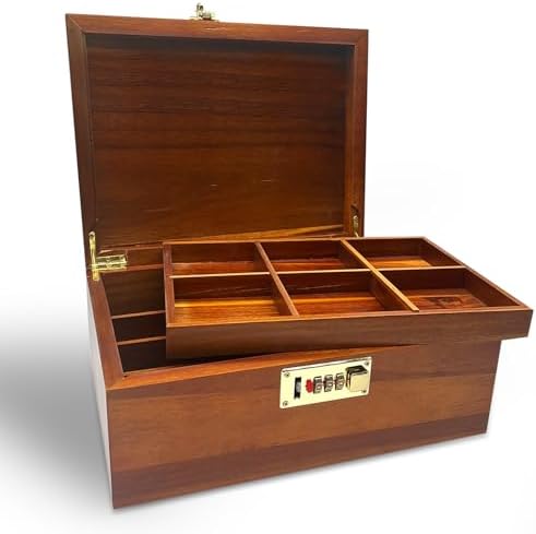 Large Acacia Wooden Storage Box with Hinged Lid and Combination Lock Decorative Boxes with Removable Tray Memory Box Keepsake Chest Stash Boxes Lockable Chest for Jewelry Accessories Treasured Items by WELITTCON