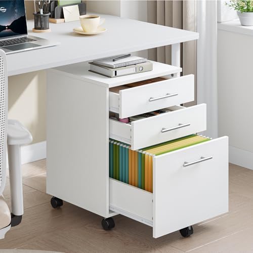 HOOBRO 3-Drawer File Cabinet, Wooden Under Desk Filing Cabinet, fits A4/Letter Size for Home Office, Small Rolling Storage Drawer Chest, Printer Stand with Drawers, White WW02WJ01G1 - Image 4