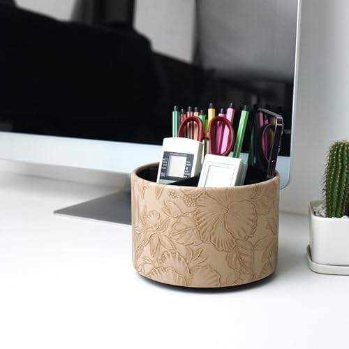 Round Leather Art Supply Organizer,Remote Control Holder,360 Degree Spinning,Multi-Functional Pencil Holder,4 Compartments Desktop Stationary Organizer(1-Carved Light Brown) - Image 7