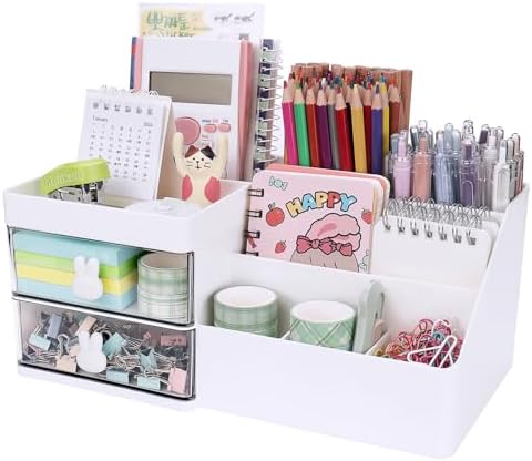 Desk Organizer, Makeup Organizer with 2 Drawer, 7 Compartment & a Top Tray, Desktop Organizers and Storage for Women, Cute Home organization Bathroom, 11" x 5.7" x 4.7" (White) by Meiikun