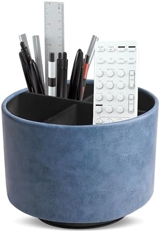 Round Leather Art Supply Organizer,Remote Control Holder,360 Degree Spinning,Multi-Functional Pencil Holder,4 Compartments Desktop Stationary Organizer(1-Oil Blue) by Hennaja