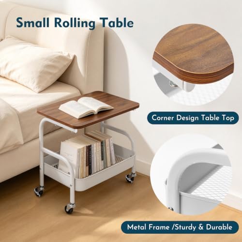 2 Tier Short Rolling Pantry Cart on Wheels Under Desk Storage Metal Utility Cart with Table Top for Kitchen, Small Printer Stand White Snack Shelf Craft Rack Large Capacity Bedside Organizer - Image 4