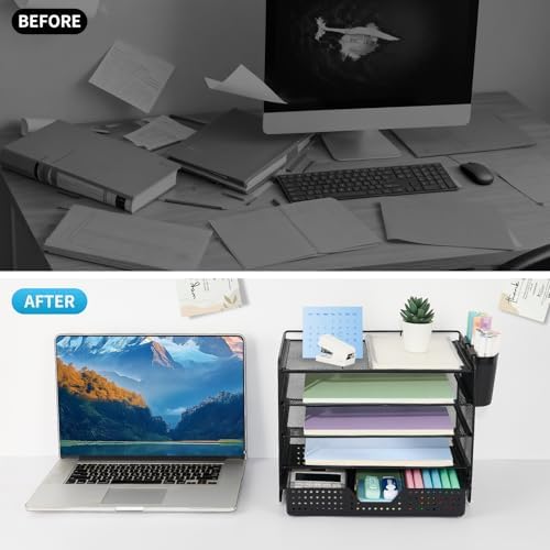 Desk Organizer and Accessories, 5-Tier Paper Letter Tray Organizer with Drawer & 2 Pen Holders for Desktop File Organization, Office Desk Accessories for Supplies Storage (Black) - Image 6