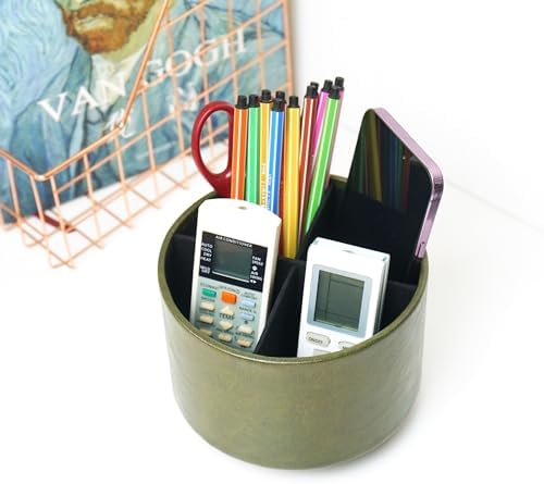 Round Leather Art Supply Organizer,Remote Control Holder,360 Degree Spinning,Multi-Functional Pencil Holder,4 Compartments Desktop Stationary Organizer(1-Oil Green) - Image 6