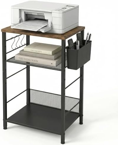 Small 3 Tier Printer Stand for Under Desk, Height Adjustable Shelf Printer Table with 3 S-Hooks & Basket, Heavy Duty Industrial Storage Shelf for Home Office (Rustic Brown) by ECOLOVI