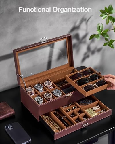 ProCase Mens Jewelry Box, 6 Slot Watch Box & 3 Slot Sunglass Holder -Brown - Image 3