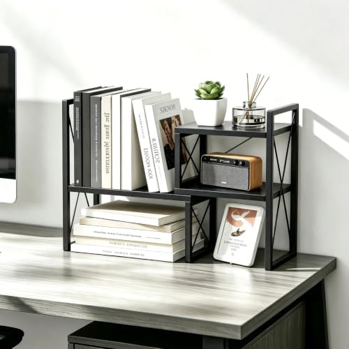 Expandable Desktop Shelf Organizer, 2 Tier Wood Desk Shelf for Office, Metal Corner Bookshelf, Countertop Storage Rack (Black) by Yelinkws