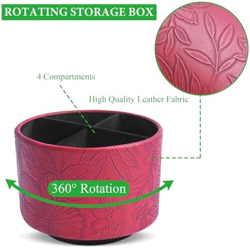Round Leather Art Supply Organizer,Remote Control Holder,360 Degree Spinning,Multi-Functional Pencil Holder,4 Compartments Desktop Stationary Organizer(1-Carved Red) - Image 3