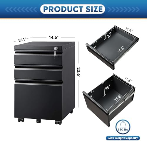 DEVAISE 3 Drawer Mobile File Cabinet with Lock, Under Desk Metal Filing Cabinet for Home Office/Legal/Letter/A4 File, Fully Assembled Except Wheels, Black - Image 3