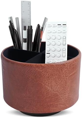 Round Leather Art Supply Organizer,Remote Control Holder,360 Degree Spinning,Multi-Functional Pencil Holder,4 Compartments Desktop Stationary Organizer(1-Crazy Red) by Hennaja