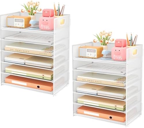 6-Tier Desk Paper Organizer, Desktop File Letter Tray with Handle, Document Sorter and Accessories Holder for Office, Home and School Workspace Organizers, White - 2 Pack by SUBEKYU