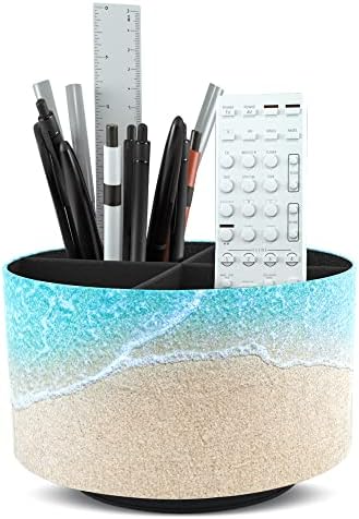 Round Leather Art Supply Organizer,Remote Control Holder,360 Degree Rotating,Multi-Functional Pencil Holder,4 Compartments Desktop Stationary Organizer(1-Sandbeach) by Hennaja