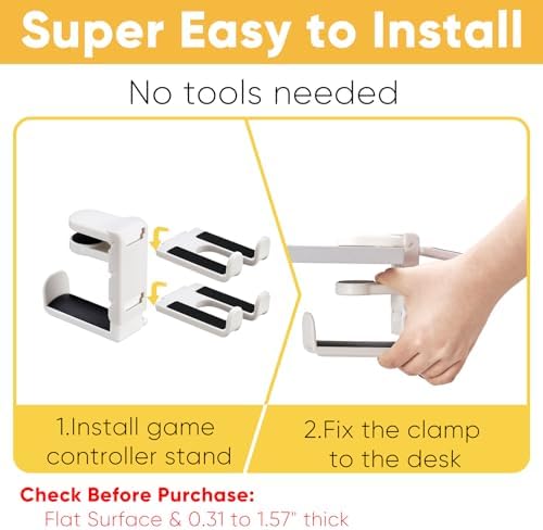 3-in-1 Under Desk Headphone Hanger with Adjustable Clamp Mount, 2 Controller Slots & 1 Headset Universal Holder Stand, Rotatable Hook Rack & Cable Organizer, for Home Gaming Xbox ps5 - White - Image 6