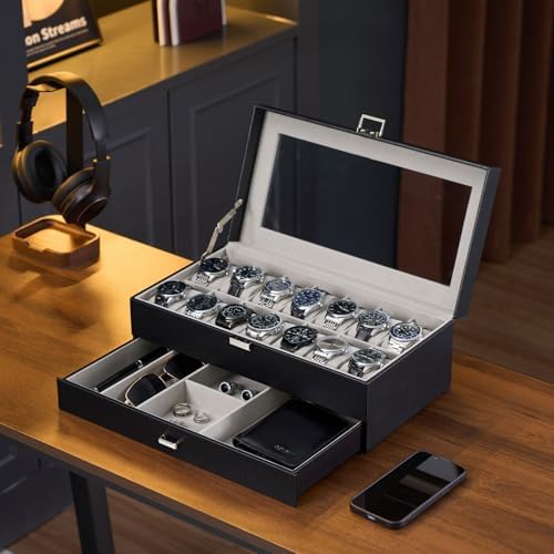 ProCase Watch Box, 14 Slot Watch Case for Men with Drawer, Black - Image 4