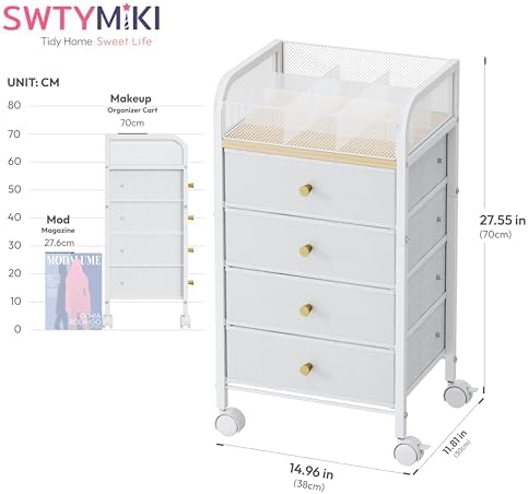Rolling Makeup Organizer Cart - 14.96″*11.81″*27.55″ Widened Under Desk Vanity Storage with 4 Non-woven Drawers, Cosmetic Display Cases for Skin Care Perfume Nail Polish Brush Hair Tool White - Image 2