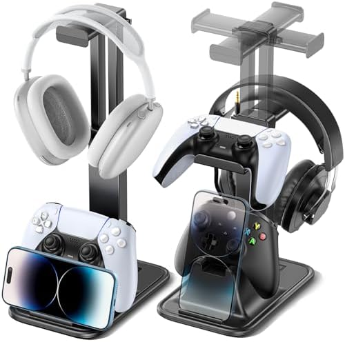 Gaming Headset & Controller Stand, Rotating Headphone Storage with 2 Controllers and Phone Holder, Standard Game Desk Storage for PS5/PS4/XBOX, PC Gamer Essentials Organizer Gift Accessories by Unknown