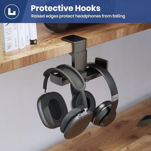 Dual Headphone Stand Holder - EURPMASK 2 in 1 PC Gaming Headset Hooks, 360 Degree Rotating Headphone Hanger with Adjustable Clamp & Cable Clip Organizer, Headset Mount Under Desk Earphone Clamp-Black - Image 5