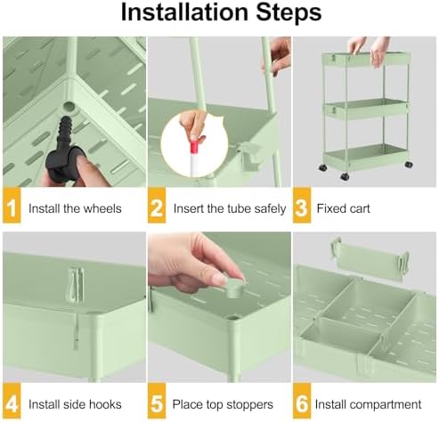 3 Tier Rolling Cart with Wheels, Storage Craft Art Trolley Organizer Serving, 3 Hanging Baskets Easy Assembly, for Office, Living Room, Kitchen, Green - Image 2