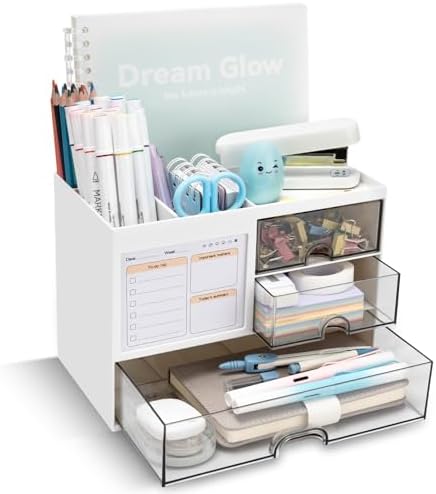 Desk Organizer with 3 Drawer, Multi-Functional Pencil Pen Holder for Desk, Desk Organizers and Storage with 8 Compartments, Desktop Organizer for Office Home Art Supplies (White) by QIYVLOS